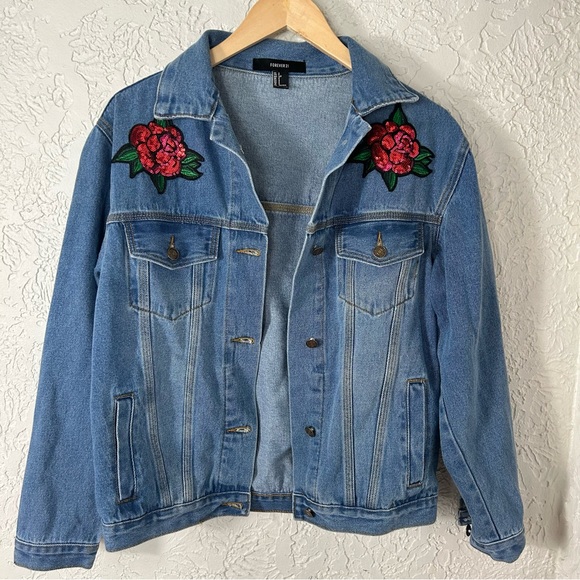 *SOLD*Forever 21 | Oversized Rose Embroidered Patch Denim Jacket - Picture 8 of 13